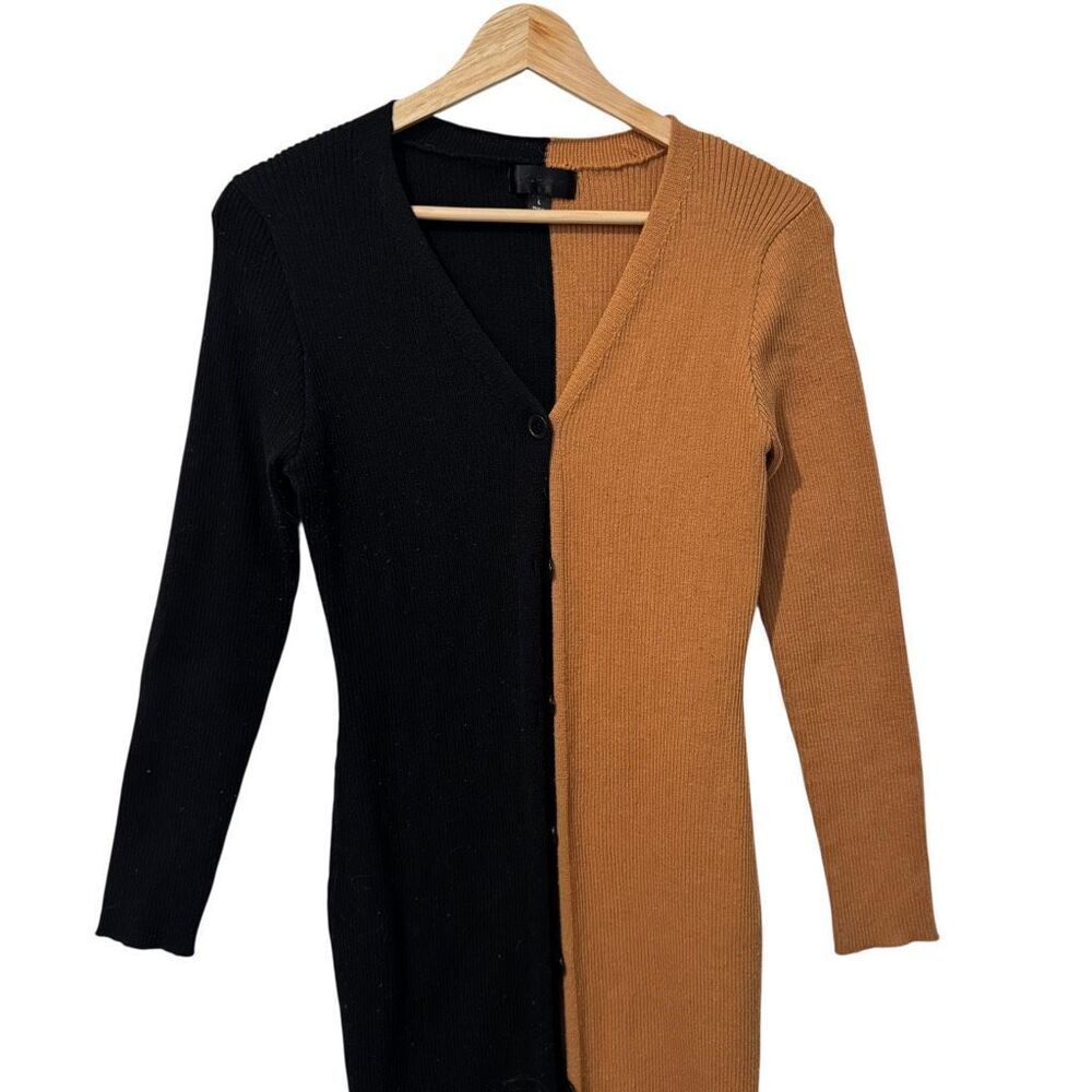Say What Shoko Colorblock Sweater Dress Womens Size L Black Tan Midi Button - Picture 3 of 7